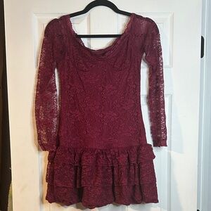 Burgundy Lace Dress with Ruffle Hem